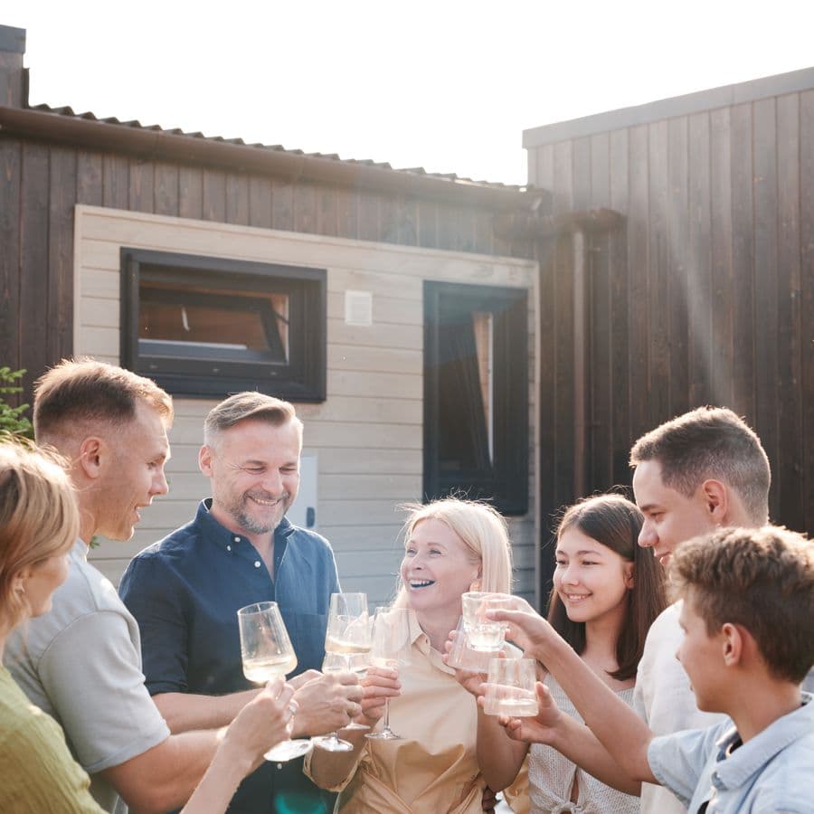 Family and friends raising a toast outdoors