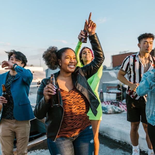 Rooftop celebration at golden hour